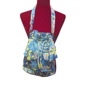 Vwra Bradley Blue Doodle Floral Drawstring Bucket Purse